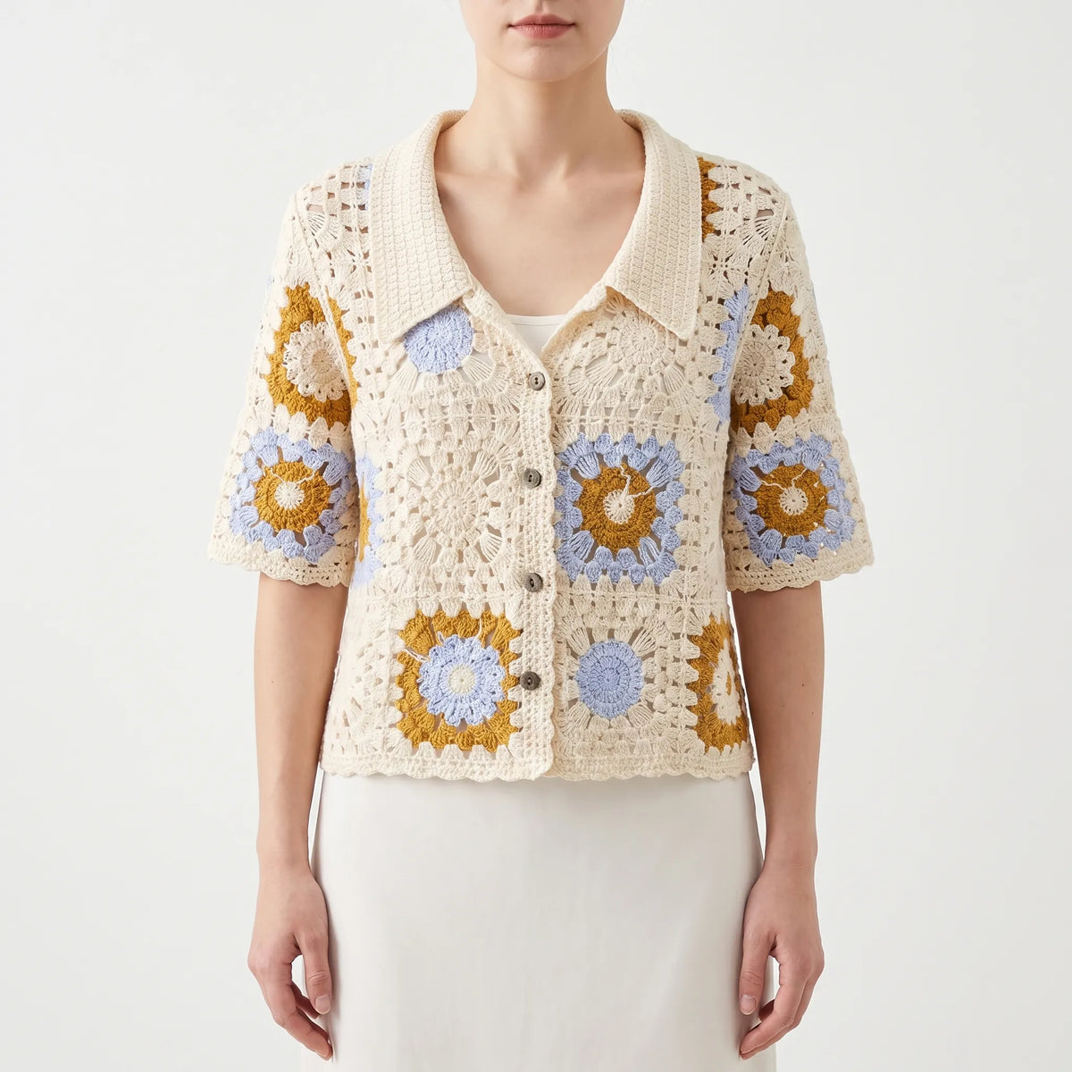 Women's Short-Sleeve Open-Knit Crochet Cardigan
