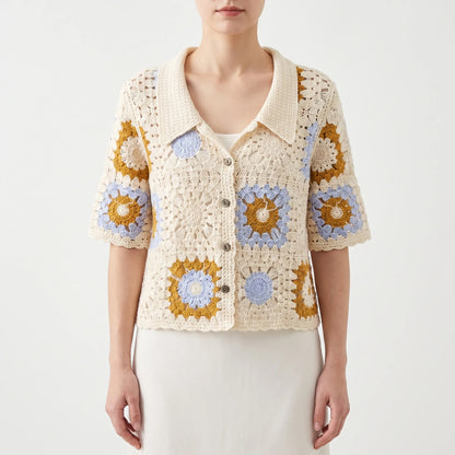 Women's Short-Sleeve Open-Knit Crochet Cardigan
