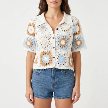 Women's Short-Sleeve Open-Knit Crochet Cardigan