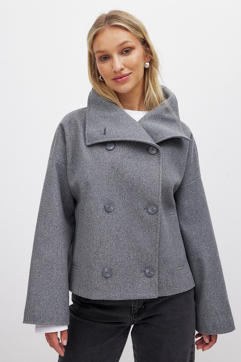 Women's Short Wool Jacket with Double Snap Button Closure