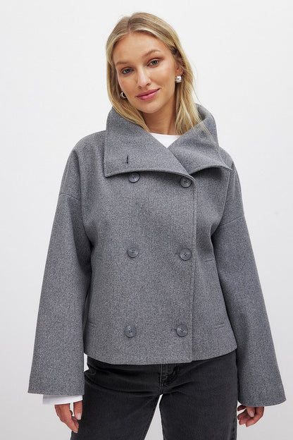 Women's Short Wool Jacket with Double Snap Button Closure