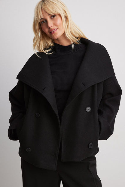 Women's Short Wool Jacket with Double Snap Button Closure