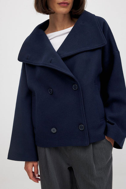 Women's Short Wool Jacket with Double Snap Button Closure
