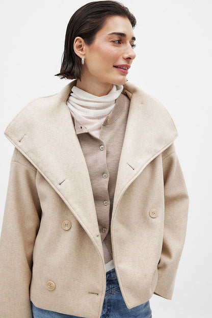 Women's Short Wool Jacket with Double Snap Button Closure