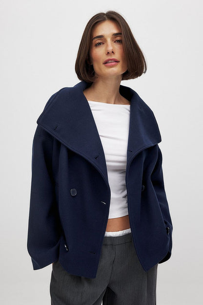 Women's Short Wool Jacket with Double Snap Button Closure