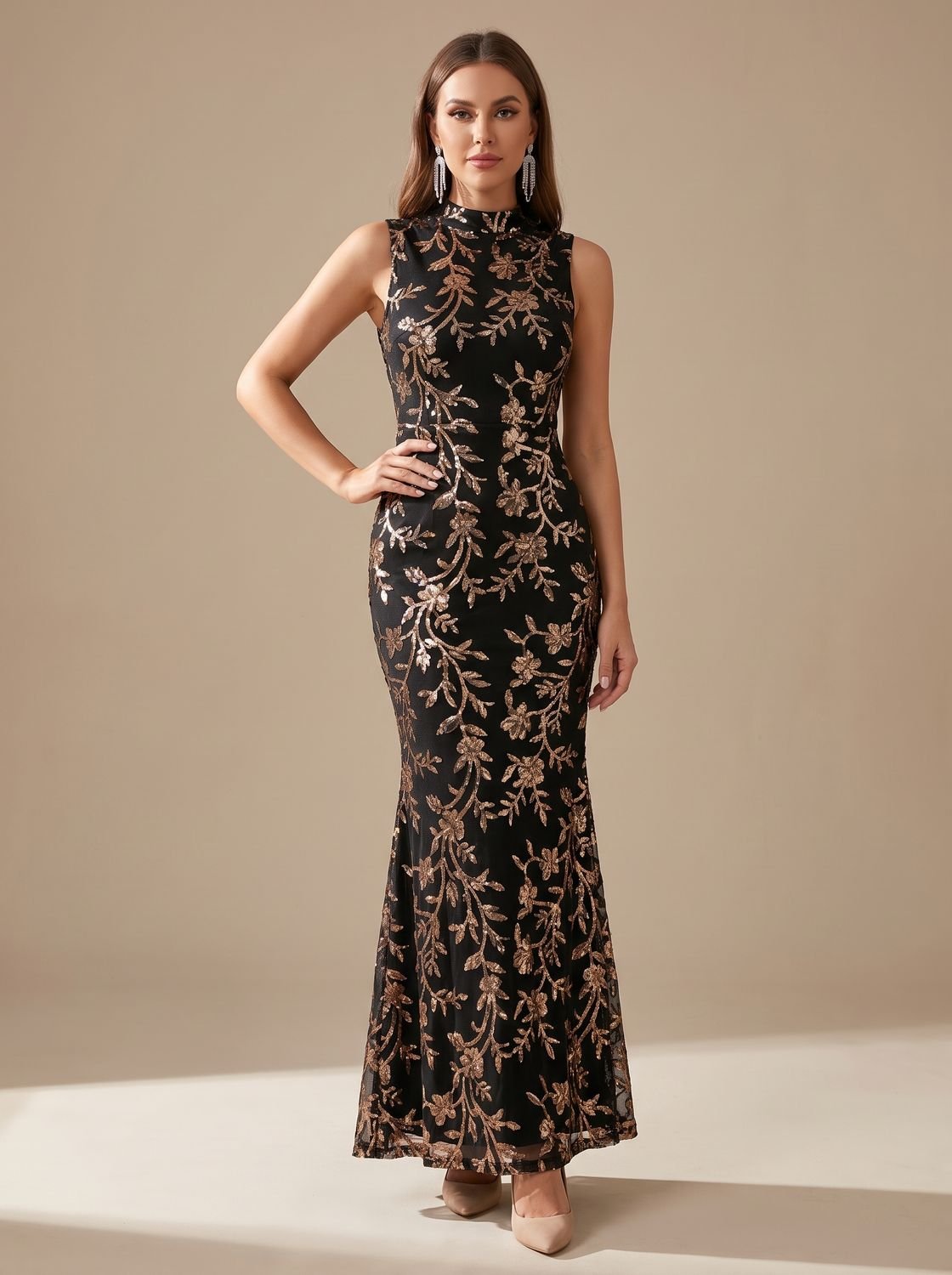 Women's Sleeveless Mock-Neck Sequin Floral Christmas Party Maxi Gown