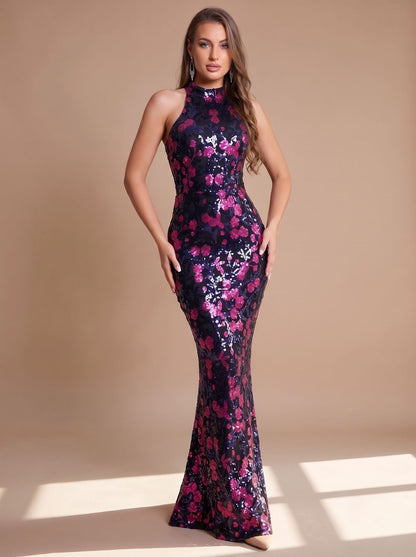 Women's Sleeveless Mock-Neck Sequin Floral Christmas Party Maxi Gown