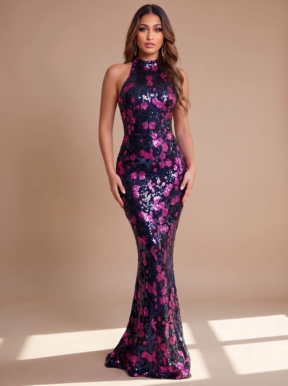 Women's Sleeveless Mock-Neck Sequin Floral Christmas Party Maxi Gown