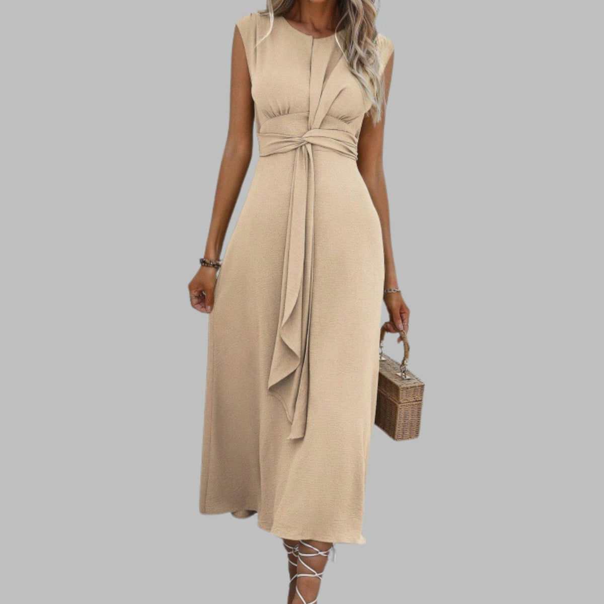 Women's Sleeveless Tie-Waist Round Neck Midi Cocktail Dress