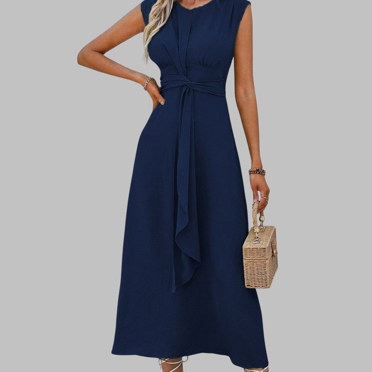 Women's Sleeveless Tie-Waist Round Neck Midi Cocktail Dress
