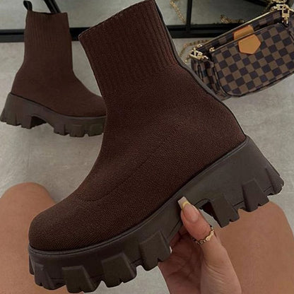 Women's Slip-On Chunky Heel Knit Sock Boots with Lug Sole