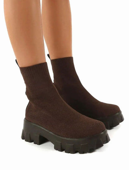 Women's Slip-On Chunky Heel Knit Sock Boots with Lug Sole