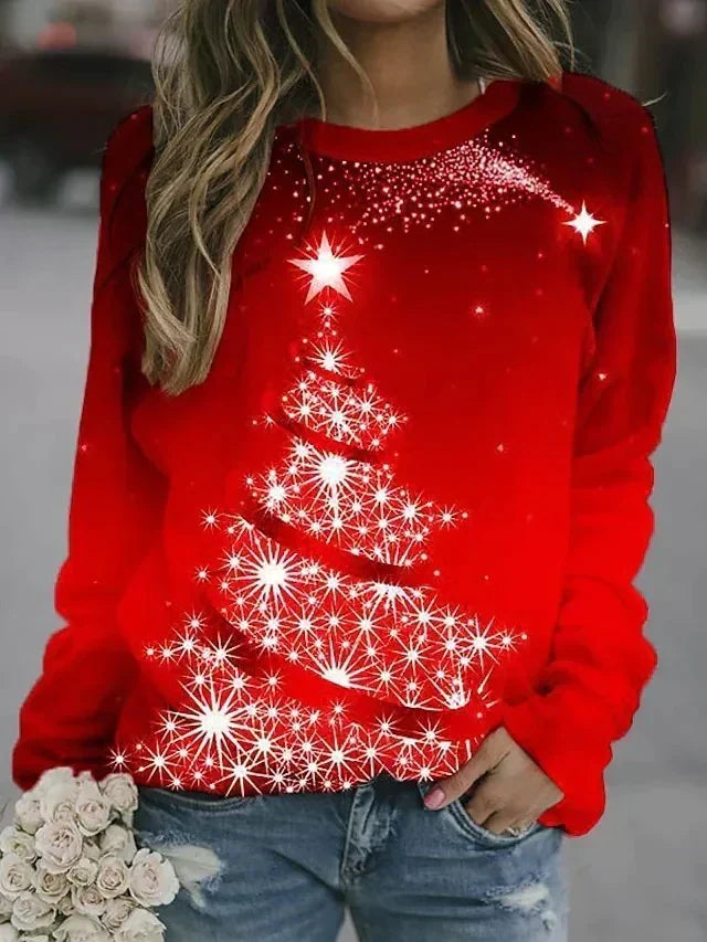 Women's Sparkling Christmas Tree Sweatshirt - Relaxed Crew-Neck Pullover