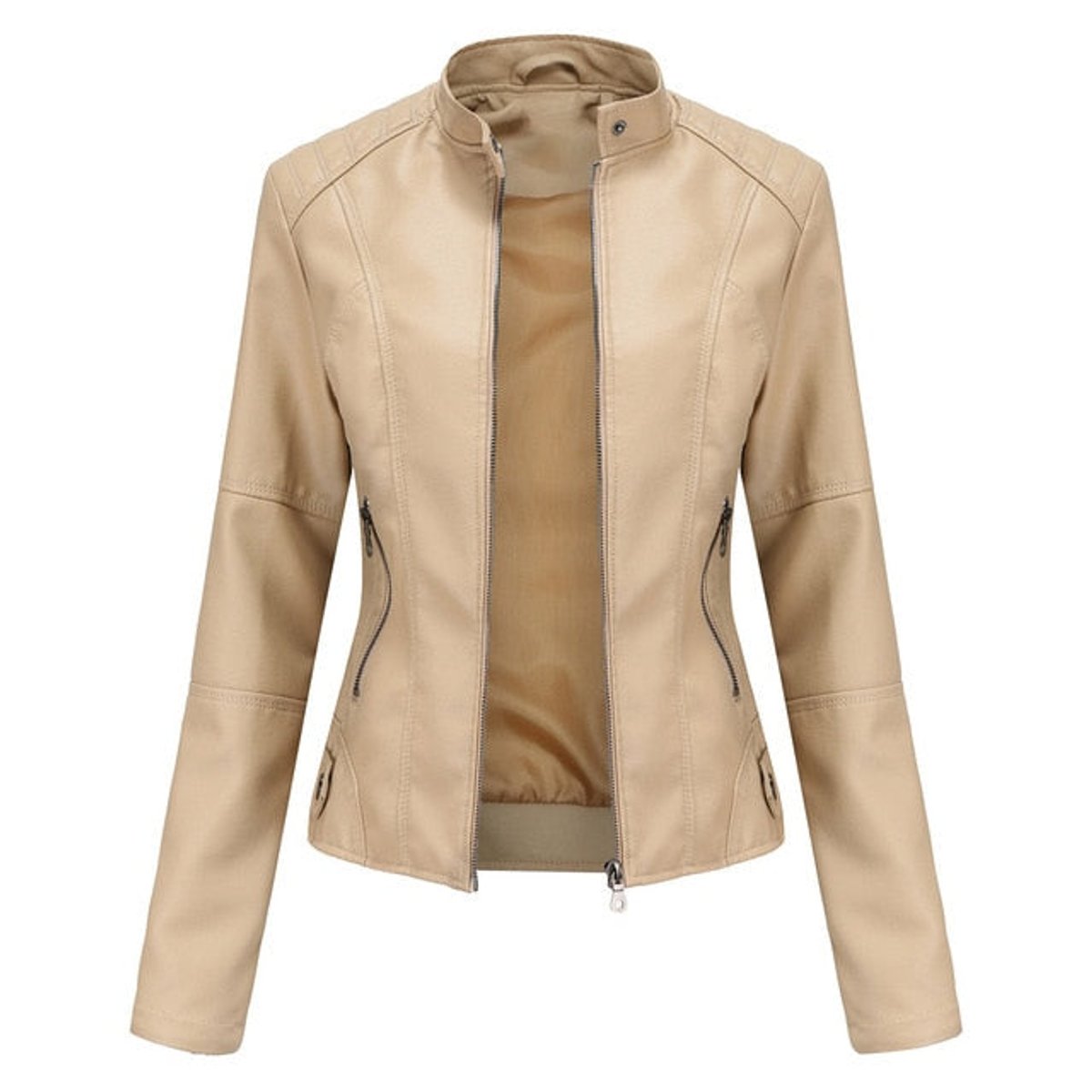 Women's Stand Collar Zip-Up Faux Leather Moto Jacket