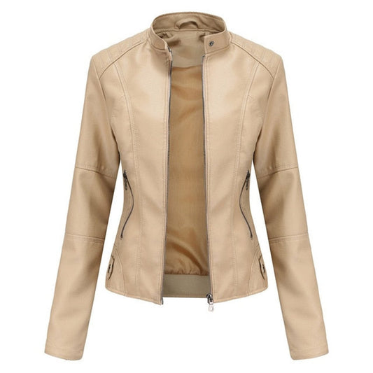 Women's Stand Collar Zip-Up Faux Leather Moto Jacket