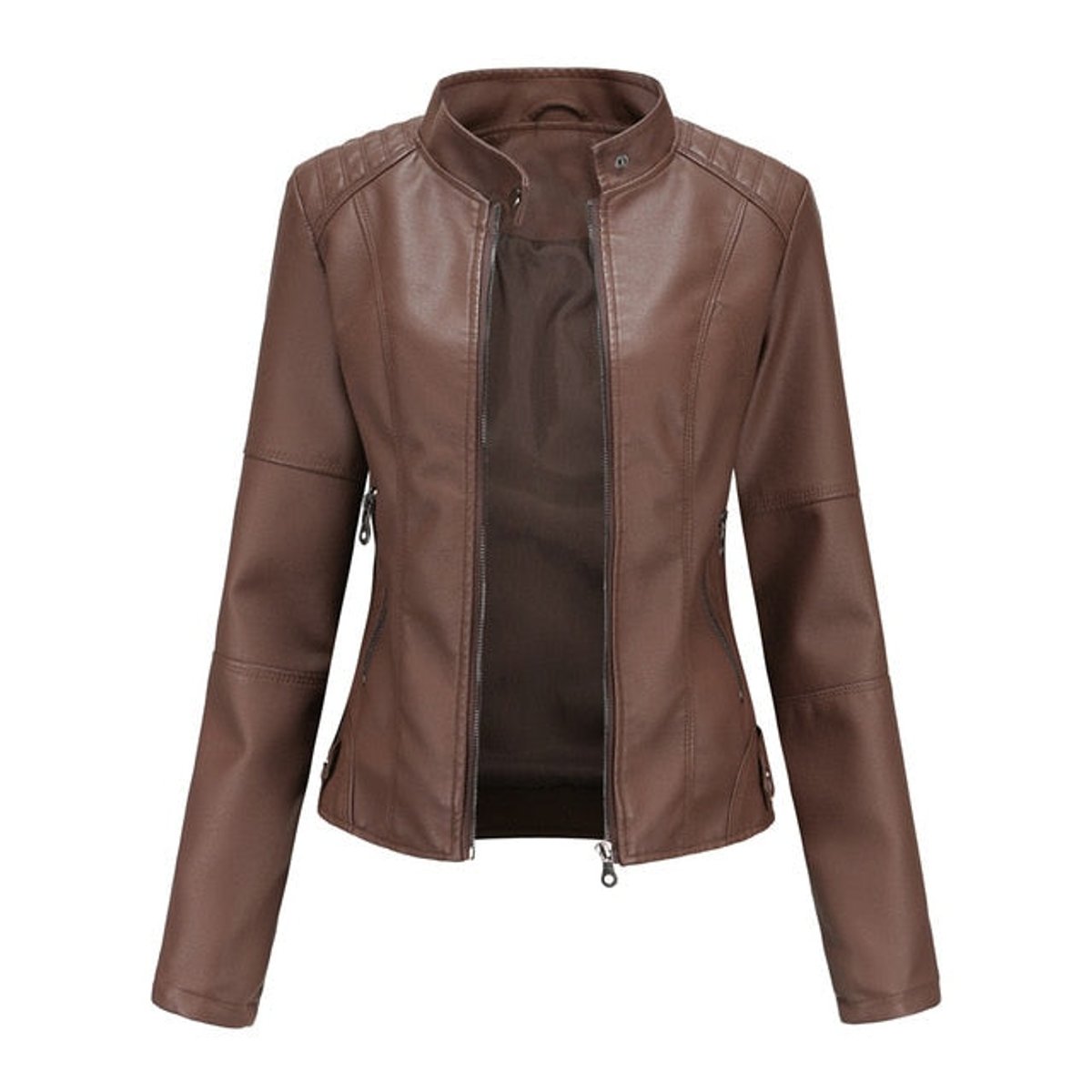 Women's Stand Collar Zip-Up Faux Leather Moto Jacket