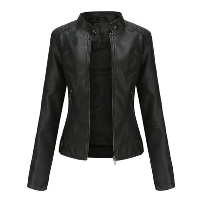 Women's Stand Collar Zip-Up Faux Leather Moto Jacket