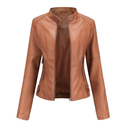 Women's Stand Collar Zip-Up Faux Leather Moto Jacket