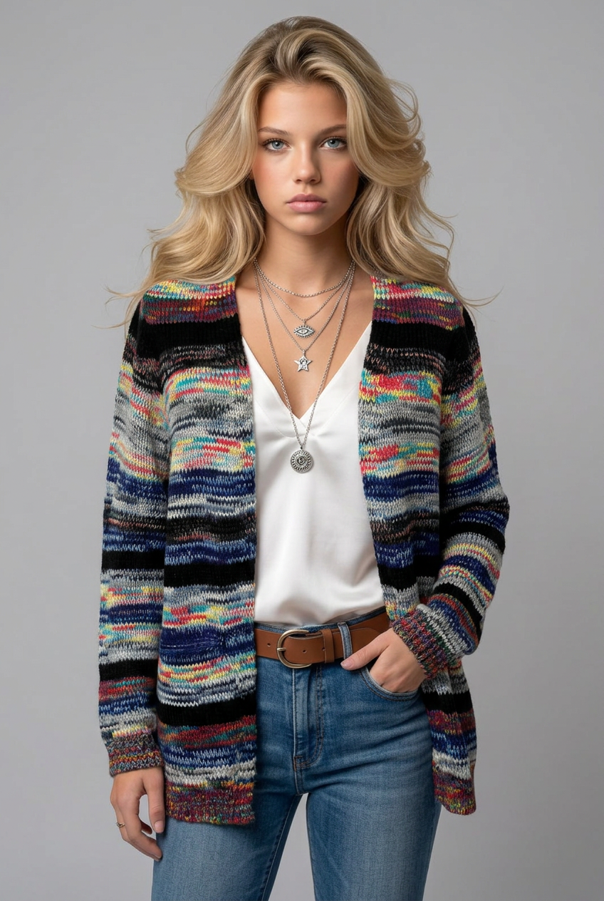 Women's Striped Open-Front Long-Sleeve Cardigan