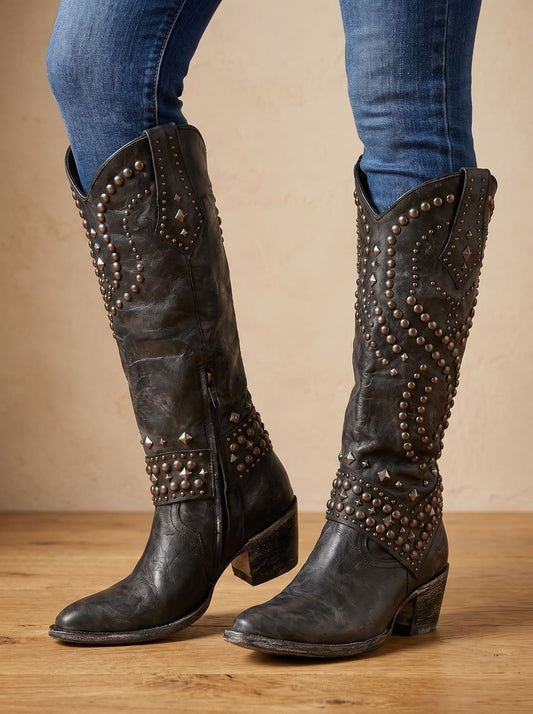 Women's Studded Knee-High Pointed-Toe Orthopedic Cowboy Boots