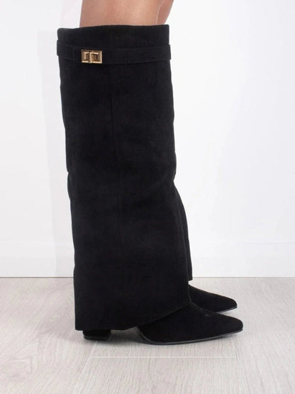 Women's Suede Fold-Over Knee-High Boots with Gold Clasp