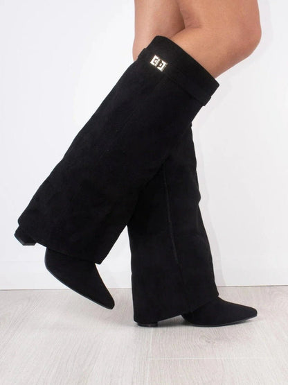 Women's Suede Fold-Over Knee-High Boots with Gold Clasp