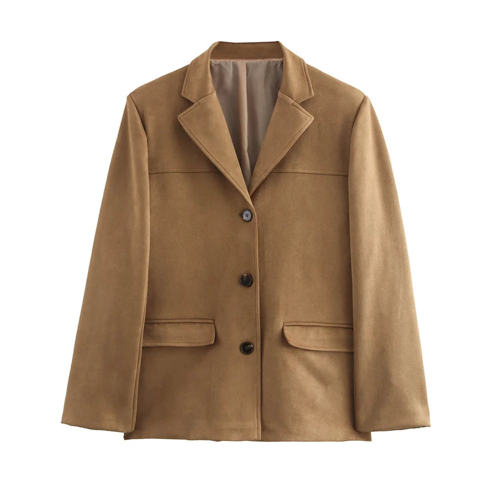 Women's Suede-Look Tailored Blazer with Button Front, Notched Collar and Flap Pockets