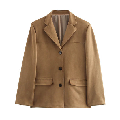 Women's Suede-Look Tailored Blazer with Button Front, Notched Collar and Flap Pockets