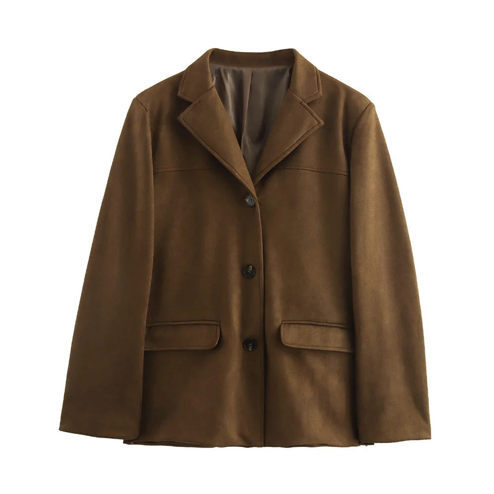 Women's Suede-Look Tailored Blazer with Button Front, Notched Collar and Flap Pockets