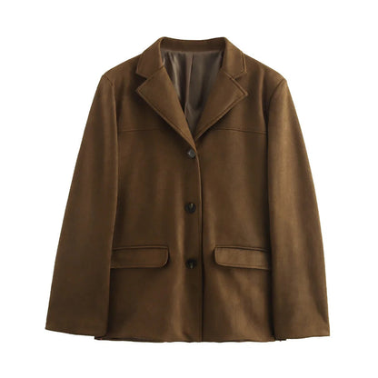 Women's Suede-Look Tailored Blazer with Button Front, Notched Collar and Flap Pockets