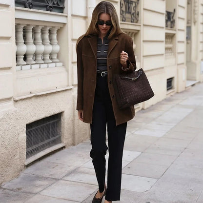 Women's Suede-Look Tailored Blazer with Button Front, Notched Collar and Flap Pockets