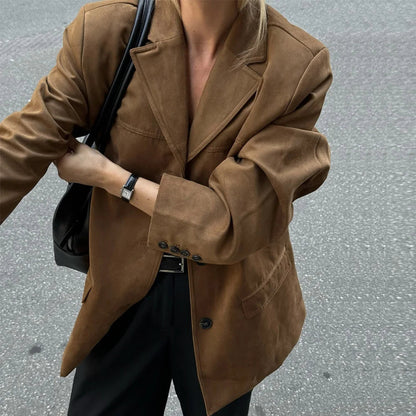 Women's Suede-Look Tailored Blazer with Button Front, Notched Collar and Flap Pockets