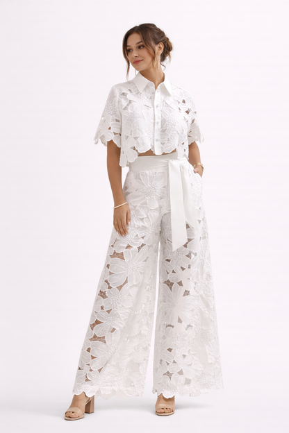 Women's Summer Blouse and Wide-Leg Pants Set with Elegant Pattern