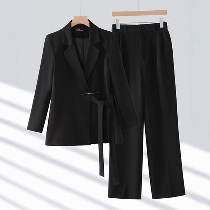 Women's Tailored Belted Blazer and Wide-Leg Pants Suit Set