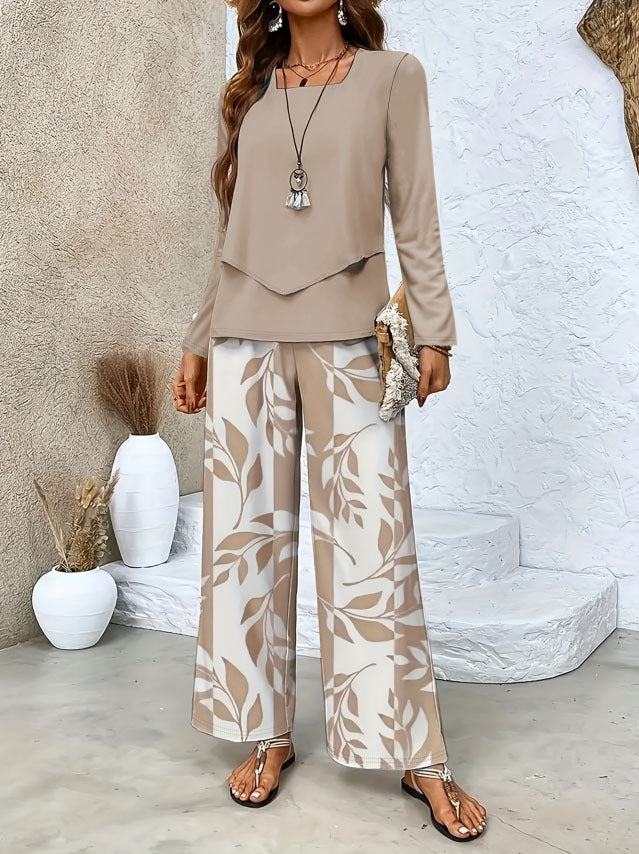 Women's Two-Piece Lounge Set with Overlapping Long-Sleeve Top and Wide-Leg Palazzo Pants