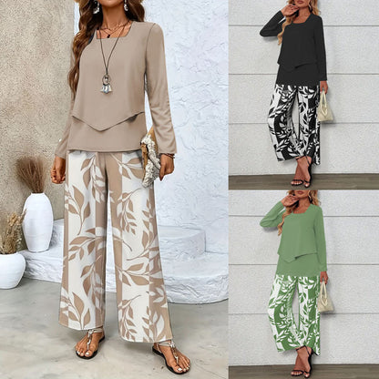 Women's Two-Piece Lounge Set with Overlapping Long-Sleeve Top and Wide-Leg Palazzo Pants