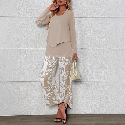 Women's Two-Piece Lounge Set with Overlapping Long-Sleeve Top and Wide-Leg Palazzo Pants