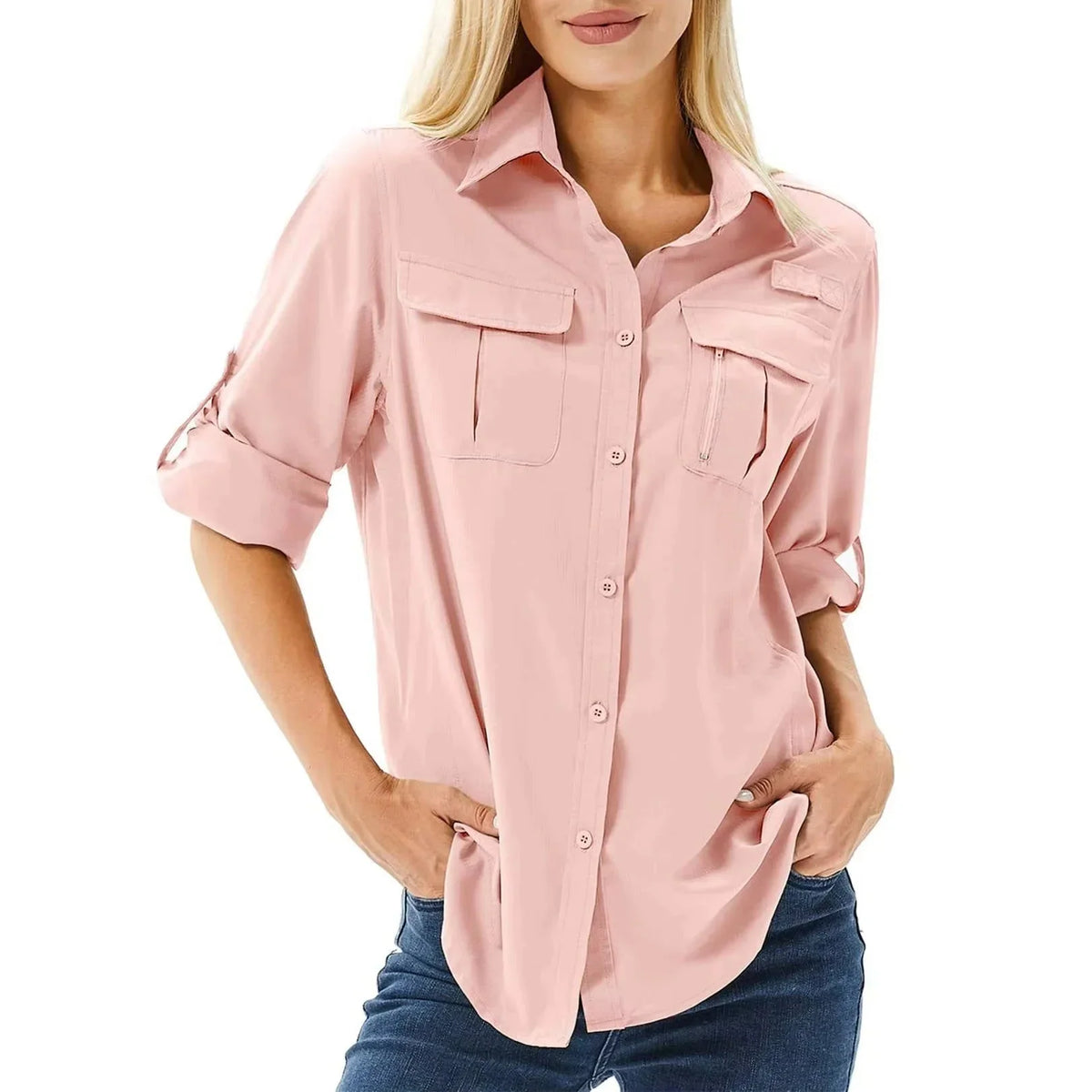 Women's UPF 50 Hiking and Safari Shirt with Roll-Up Sleeves and Zipper Pockets