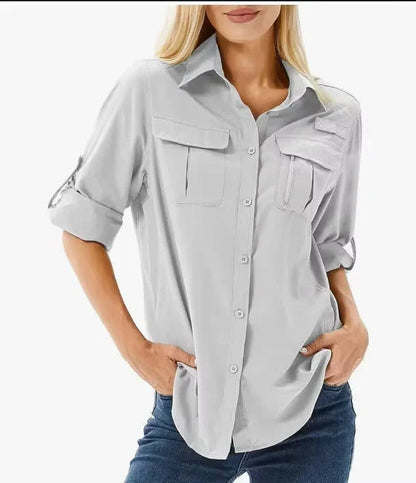 Women's UPF 50 Hiking and Safari Shirt with Roll-Up Sleeves and Zipper Pockets