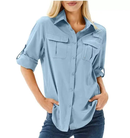 Women's UPF 50 Hiking and Safari Shirt with Roll-Up Sleeves and Zipper Pockets