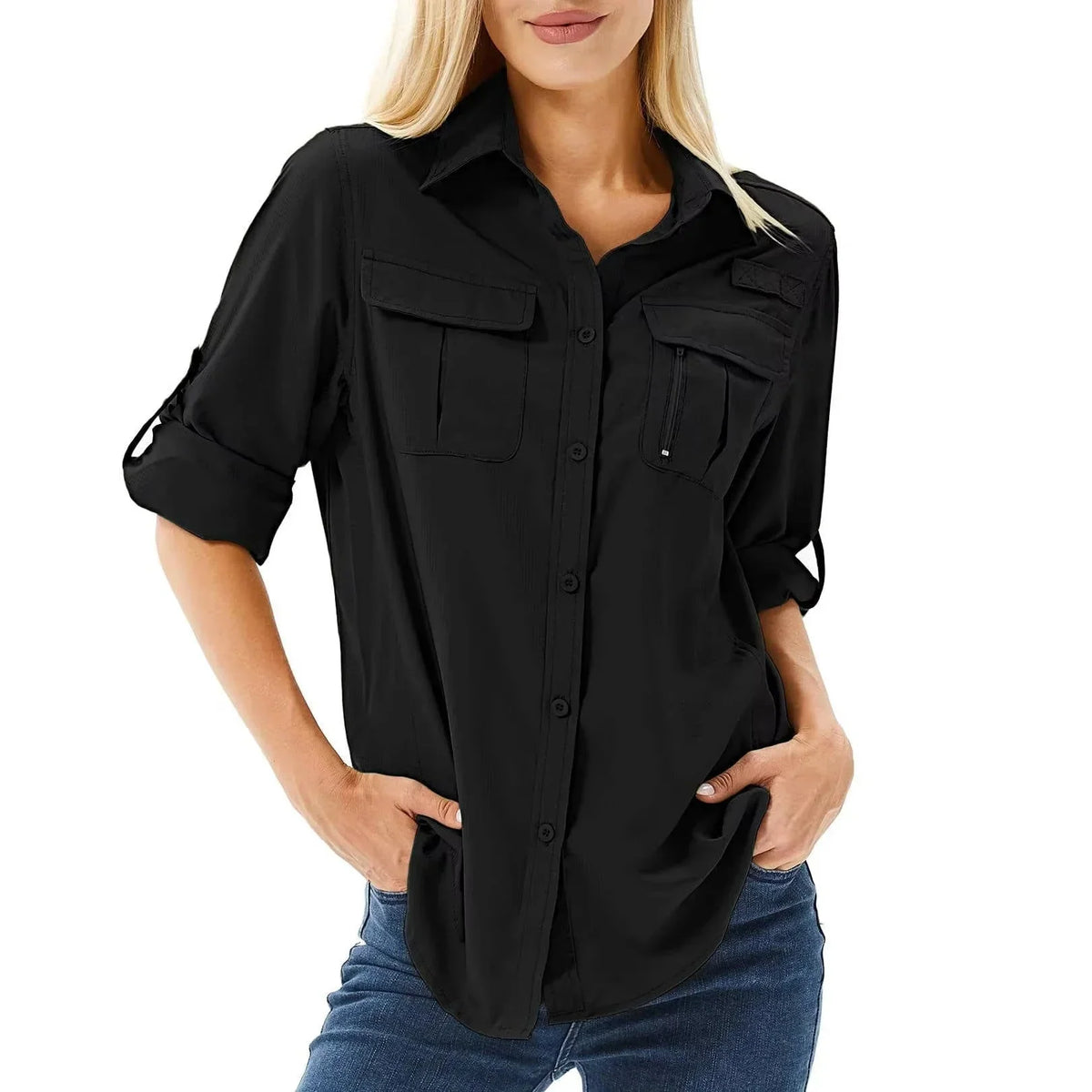 Women's UPF 50 Hiking and Safari Shirt with Roll-Up Sleeves and Zipper Pockets