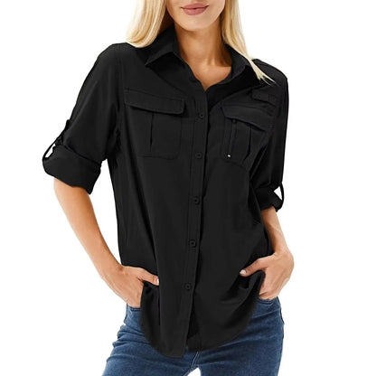 Women's UPF 50 Hiking and Safari Shirt with Roll-Up Sleeves and Zipper Pockets