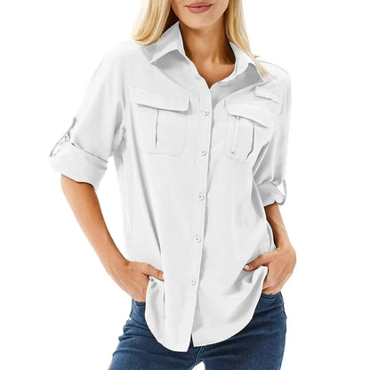 Women's UPF 50 Hiking and Safari Shirt with Roll-Up Sleeves and Zipper Pockets