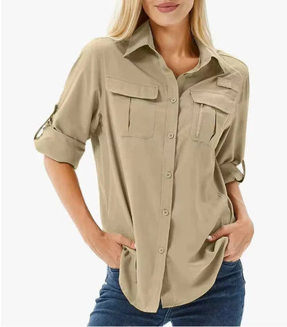 Women's UPF 50 Hiking and Safari Shirt with Roll-Up Sleeves and Zipper Pockets