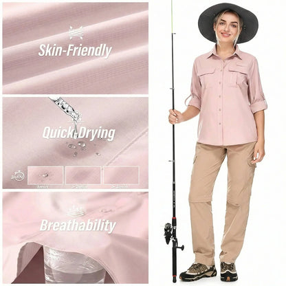 Women's UPF 50 Hiking and Safari Shirt with Roll-Up Sleeves and Zipper Pockets