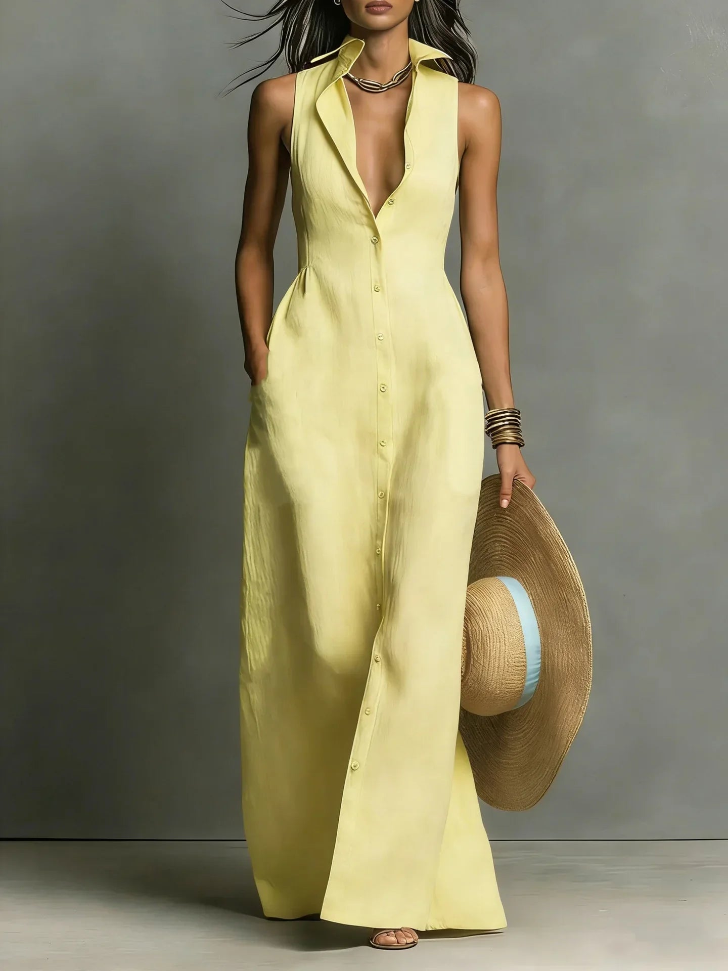Women's V-Neck Shirt Maxi Dress