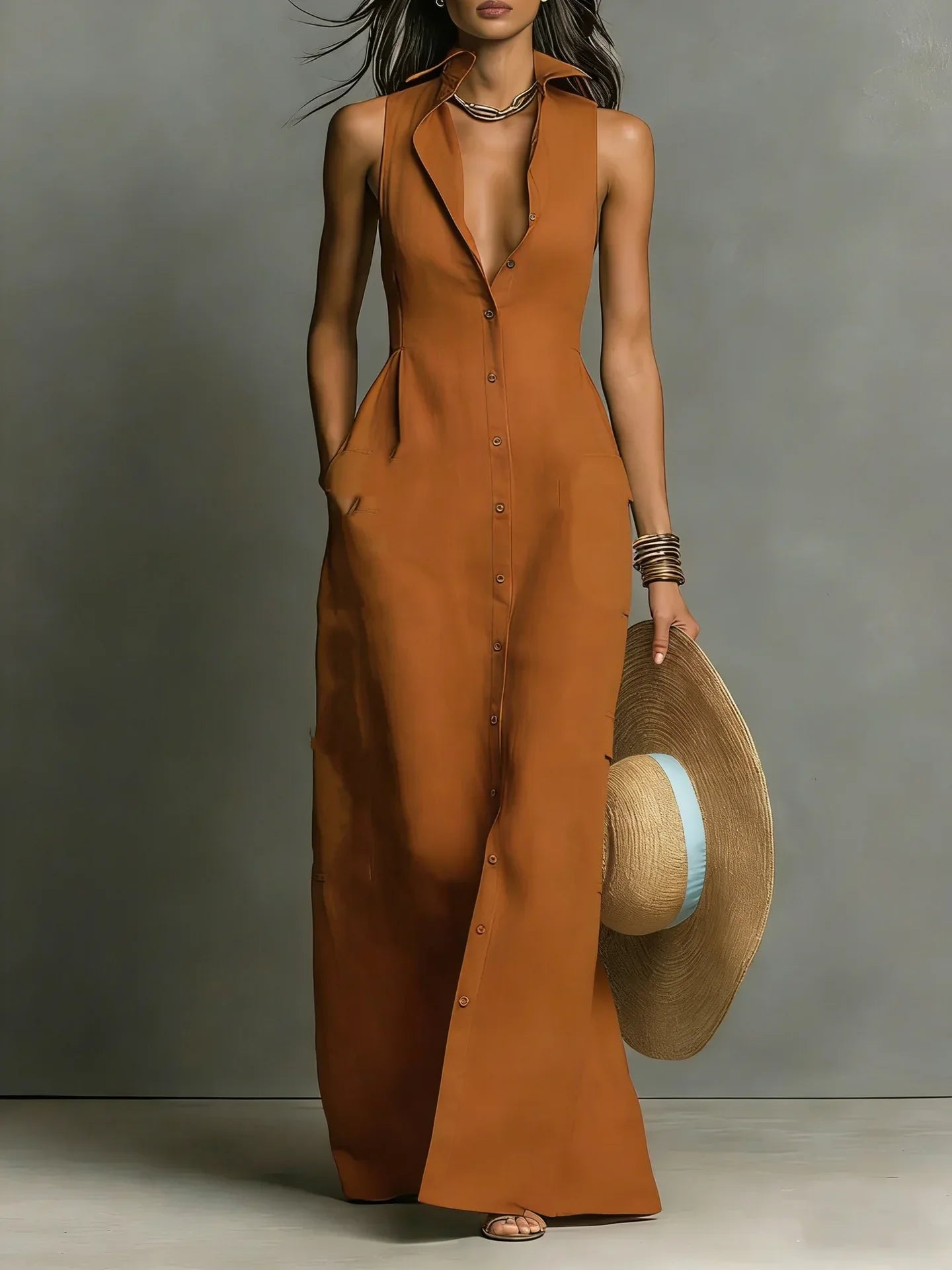 Women's V-Neck Shirt Maxi Dress