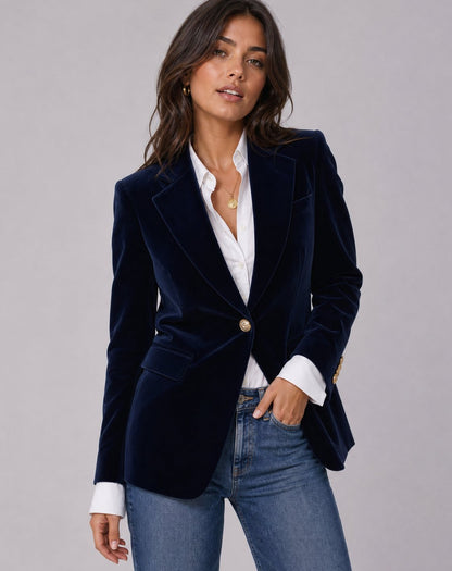 Women's Velvet Gold-Button Structured Slim-Fit Blazer