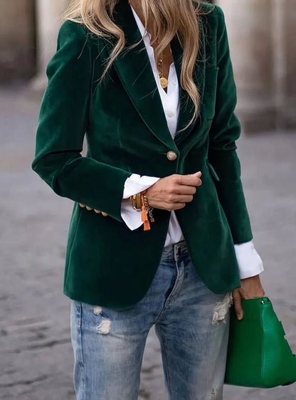 Women's Velvet Gold-Button Structured Slim-Fit Blazer