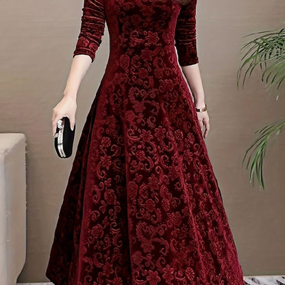 Women's Velvet V-Neck Long-Sleeve A-Line Midi Dress